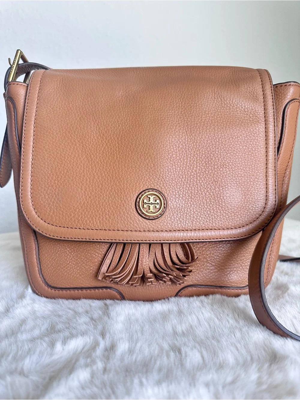 Tory Burch Frances Saddle Bag pebbled leather brown tassel